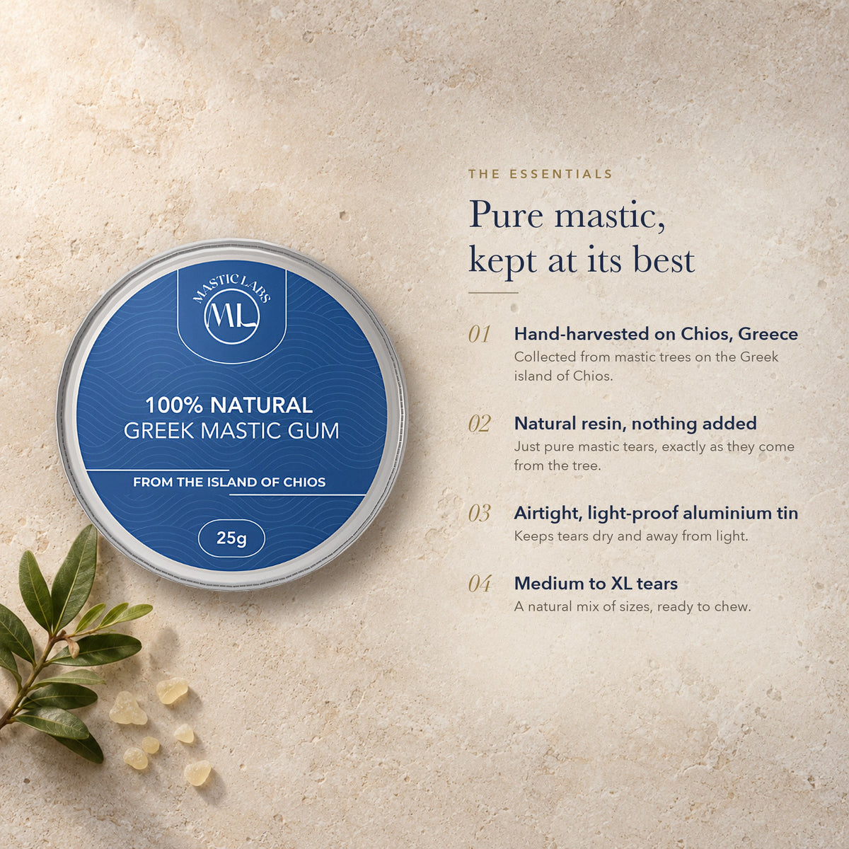 Greek mastic gum tin with key features: hand-harvested on Chios, Greece; natural resin, nothing added; airtight light-proof aluminium tin; medium to XL tears