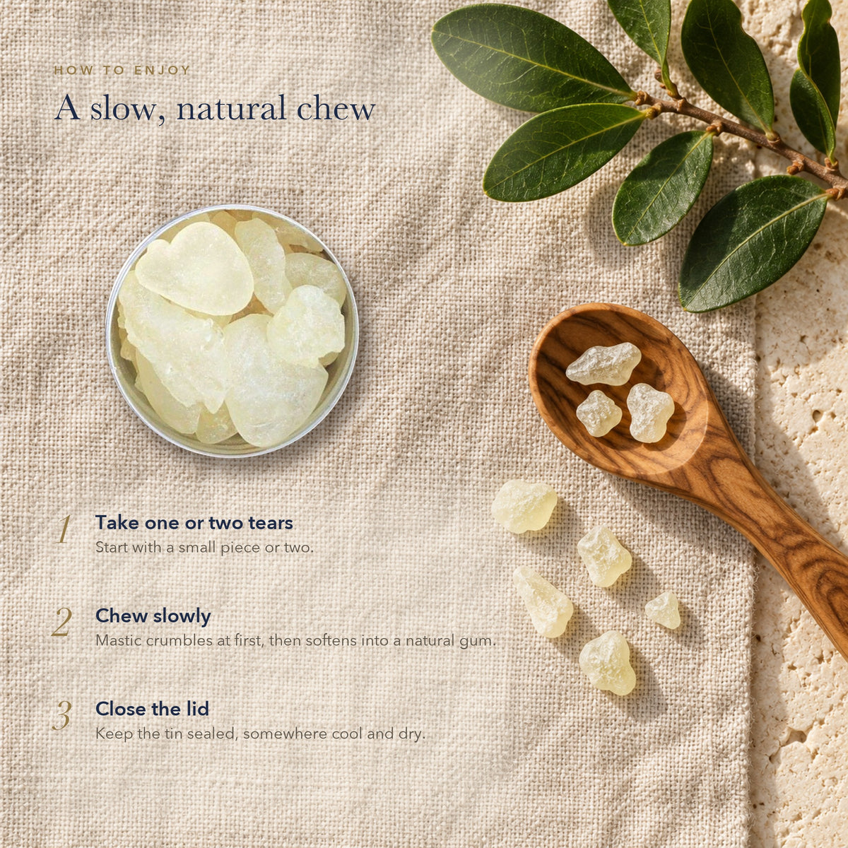 How to enjoy Chios mastic gum: take one or two tears, chew slowly, close the lid to keep it fresh