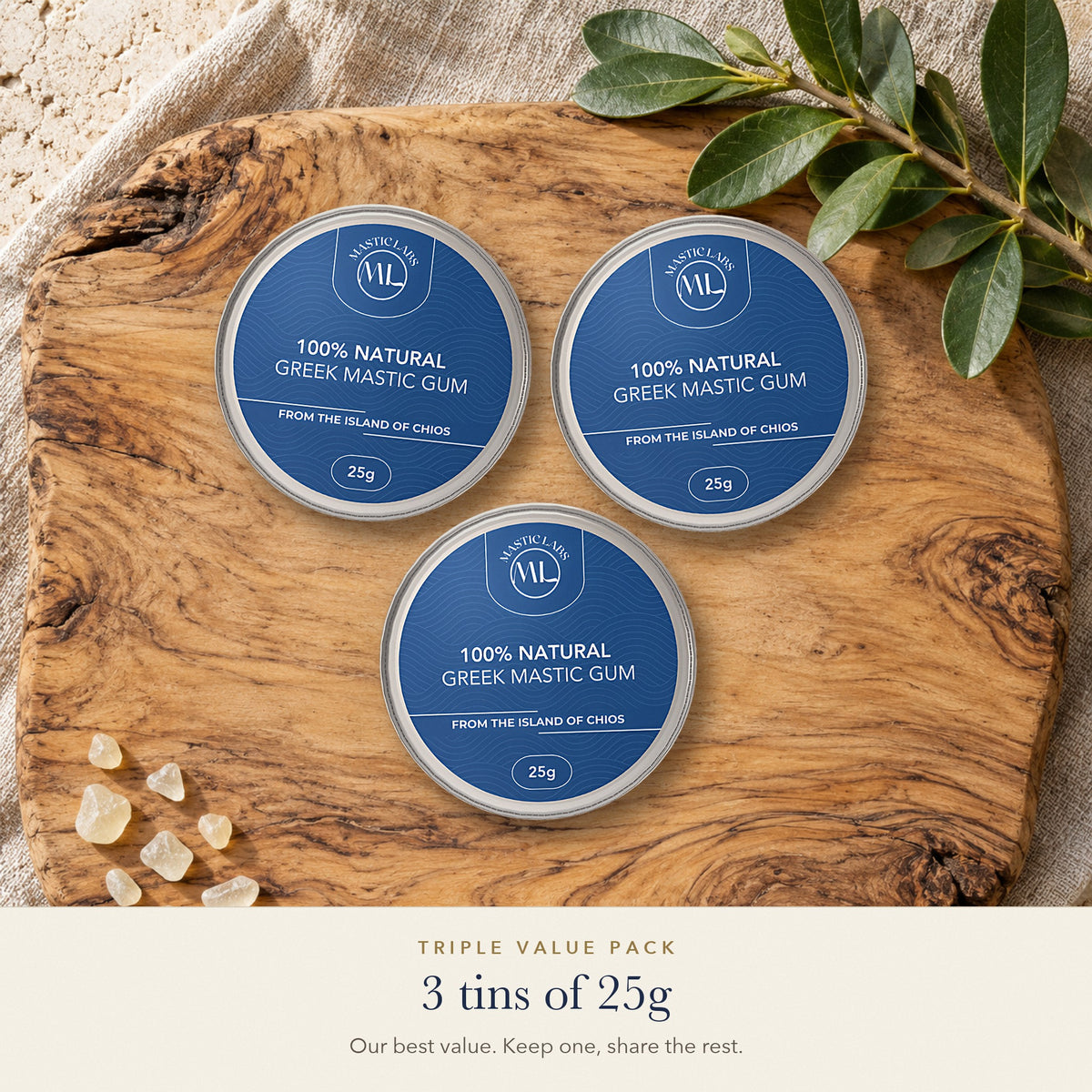 Triple value pack: three 25g aluminium tins of pure Chios Greek mastic gum on an olive wood board